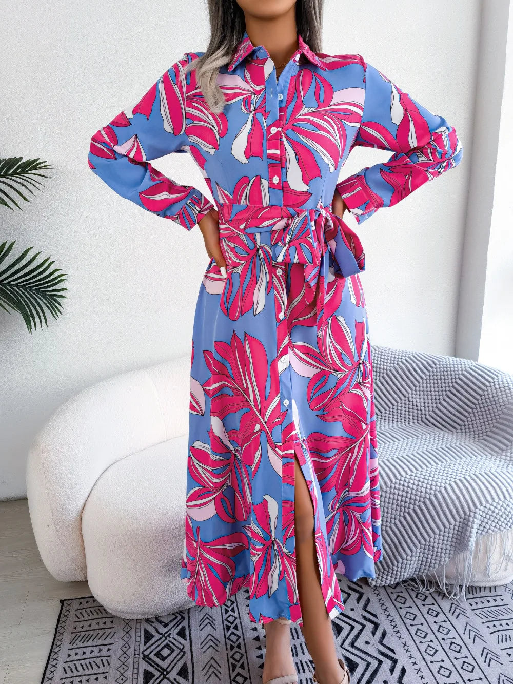 Women's Spring Summer Contrast Floral Polo Collar Lace Up Shirt Single Breasted Long Dress