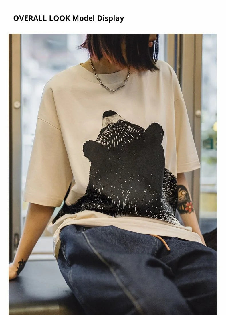 Women's Apricot Bear Print Oversized T-Shirt - Cute Loose Fit Ribbed Crew Neck Summer Tee