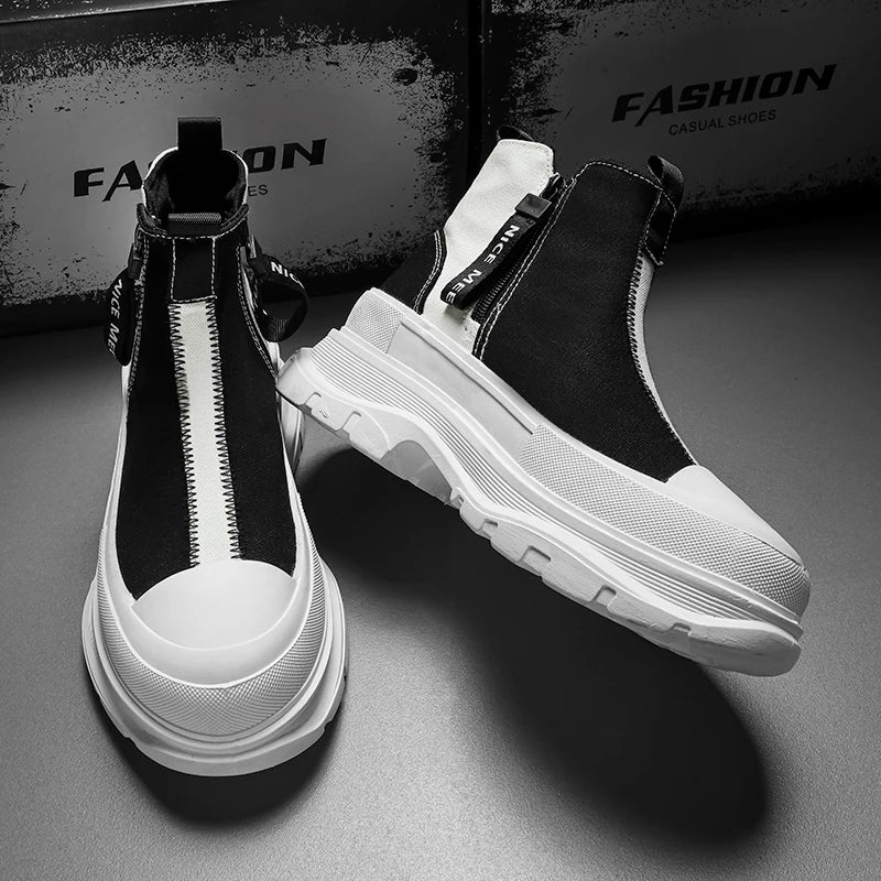 Men's Casual Sneakers Canvas Chunky Platform Ankle Boots High-cut Zip Patchwork Sneakers Breathable Sport Shoes