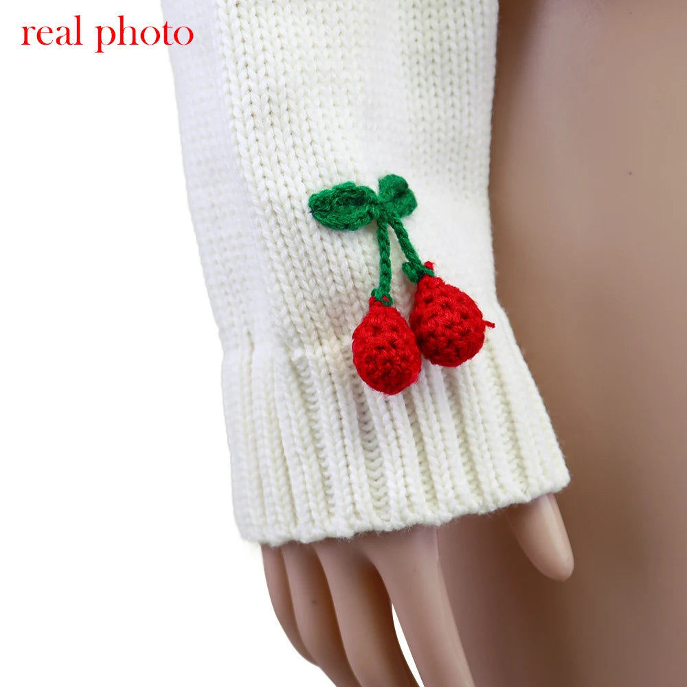 Women's Knitted Cherry Sweaters Cardigan Long Sleeve Top Sweater