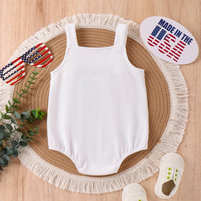 0-18M Baby Waffle Romper Sleeveless Letter Star Embroidery Square Neck USA Print Jumpsuits