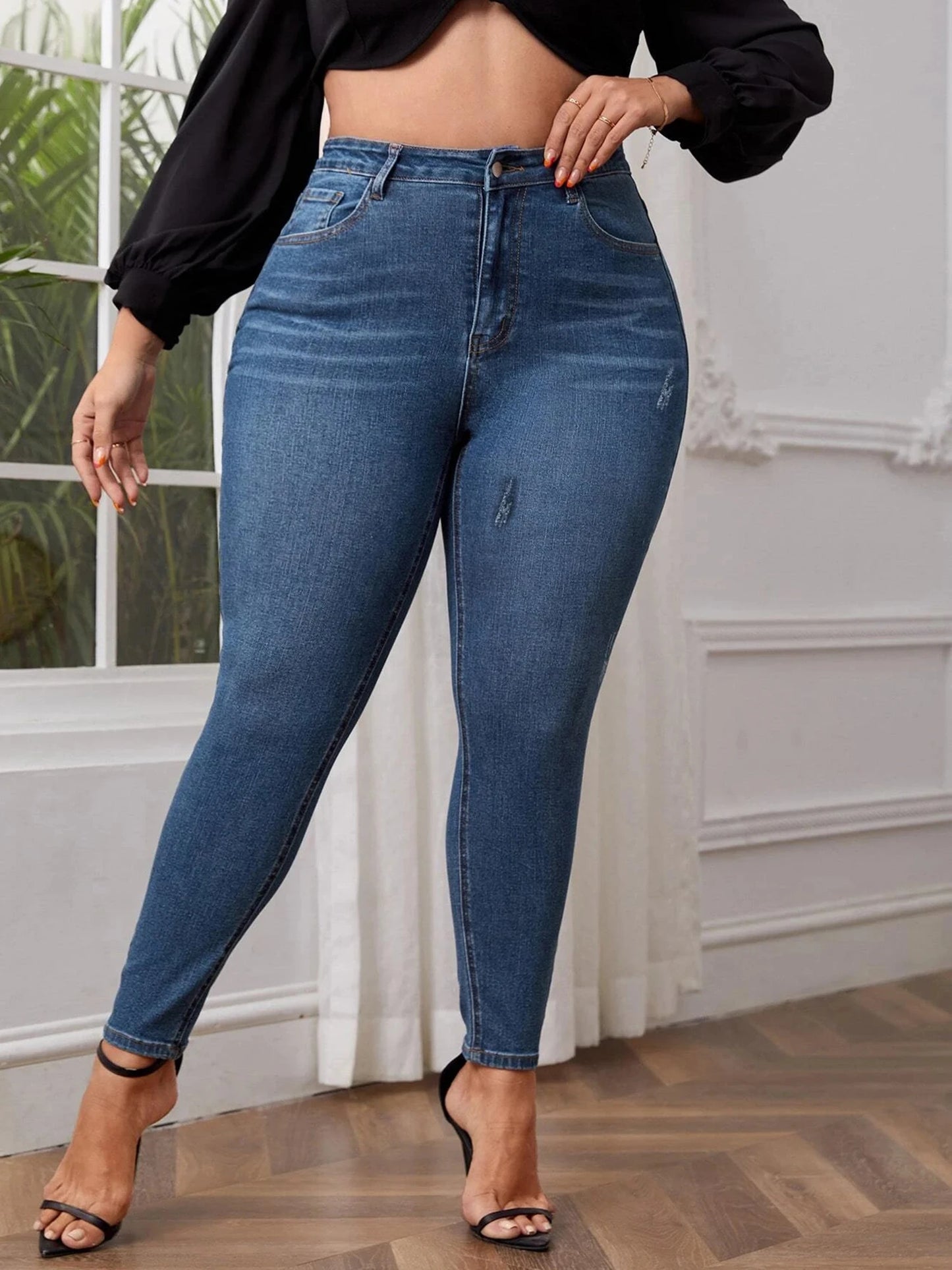 Plus size Jeans - Women full length high waist stretchy stretchy Jeans