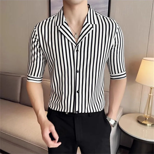 Men's Summer Half Sleeve Casual Slim Fit Striped Turn Down Collar Shirt