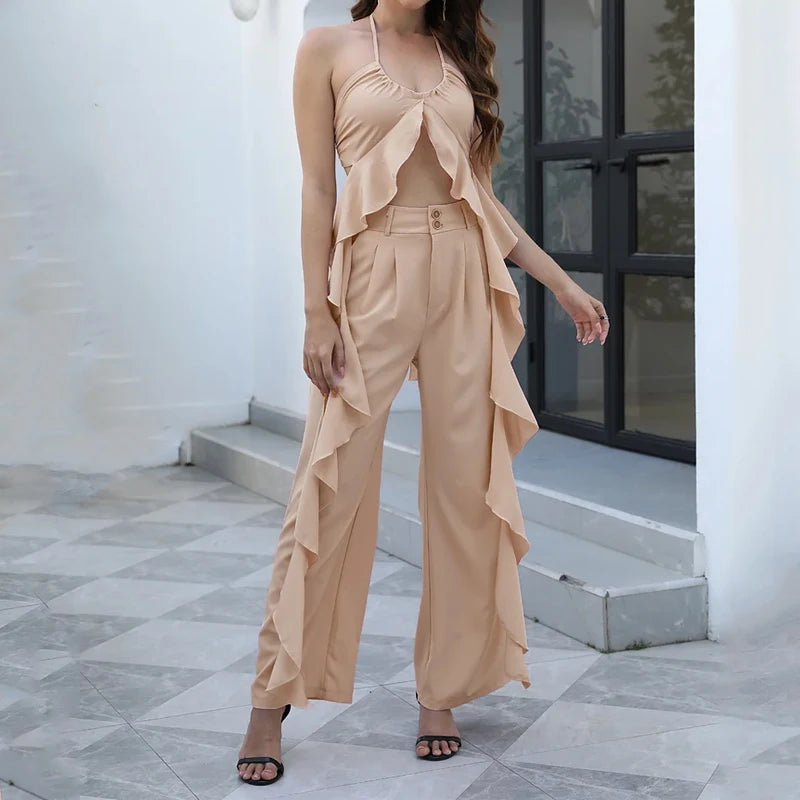 Women Summer Solid Halter Sling Sleeveless Backless Lace Up Ruffles Long Top Loose Trousers Two Piece Set