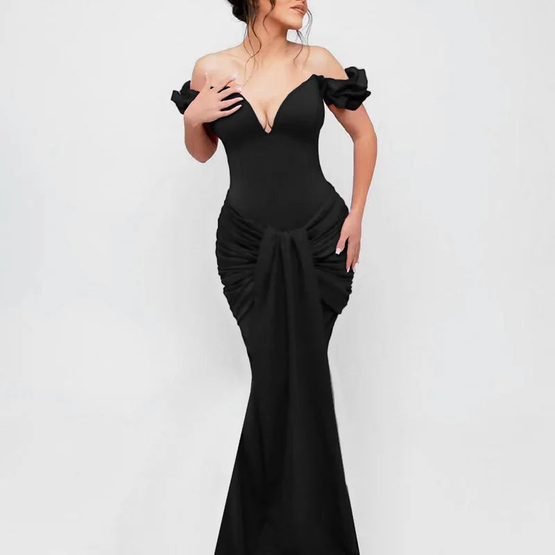 Women's V-neck Fishtail Bodycon Strapless Maxi Gown Party High Waist Ruched Dress