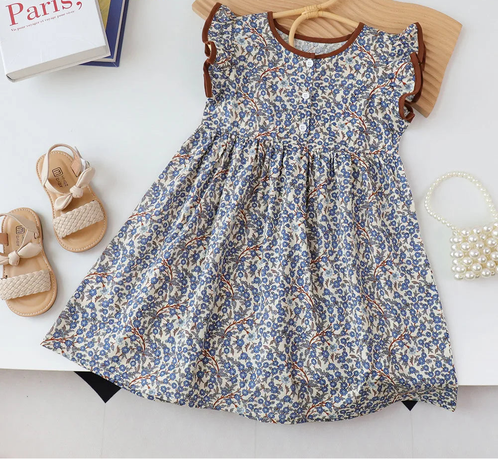 Girls Floral Princess Dress – Summer Sleeveless A-Line with Button Detail