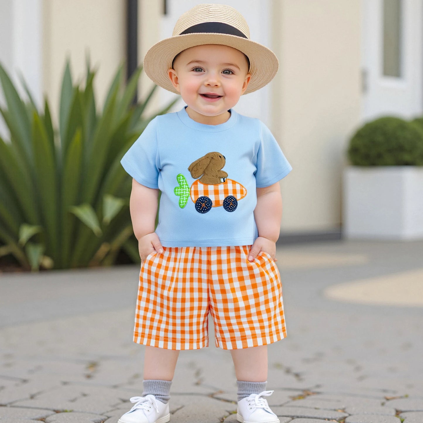 0-4Y Toddler Kids Boys Easter Clothes Set 2pcs Rabbit Embroidery Short Sleeve  Plaid T-Shirt with Elastic Waist Shorts