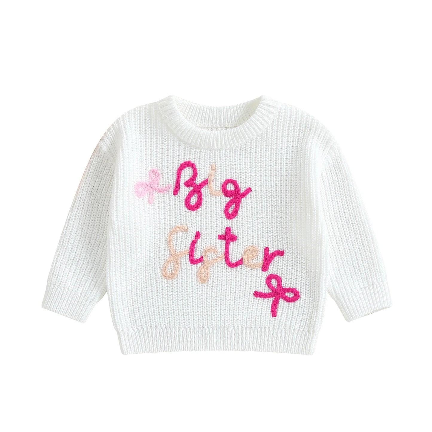 0-3Y Baby Girls Sister Sweater Letter Bowknot Embroidery Crew Neck Long Sleeve Kids Pullovers Casual Top