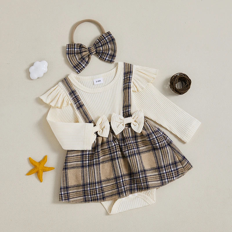 0-18M  Baby Girls  Romper Dress Long Sleeve Round Neck Plaid Print Patchwork Bow Jumpsuits with Headband