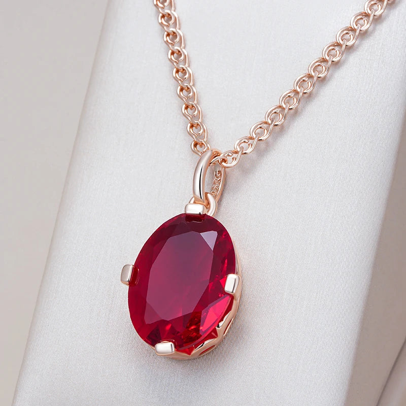 Women's 585 Rose Gold Colour  Oval Red Natural Zircon Pendant Necklace