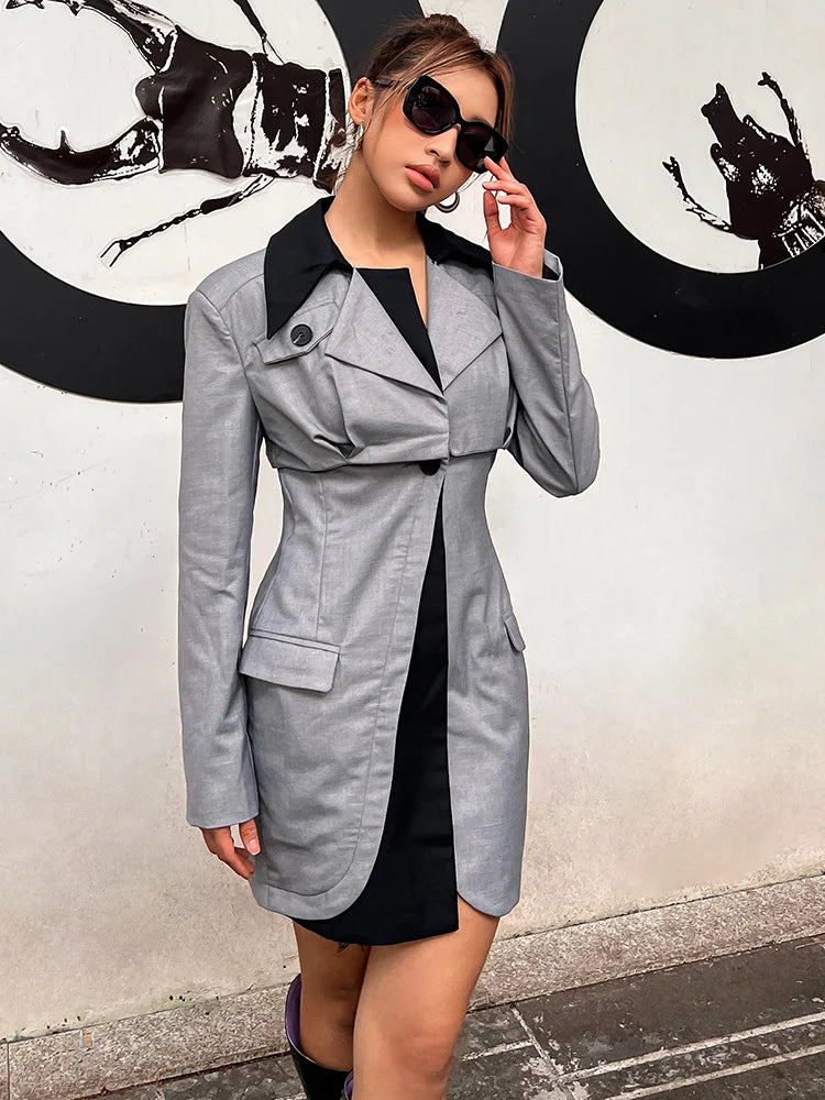 Women's Patchwork Notched Collar Long Sleeve Single Button Blazer