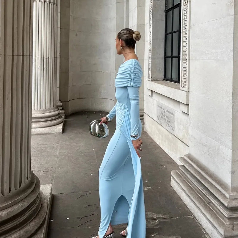 Women's Elegant Asymmetrical Ruched Maxi Dress - Long Sleeve Bodycon Gown