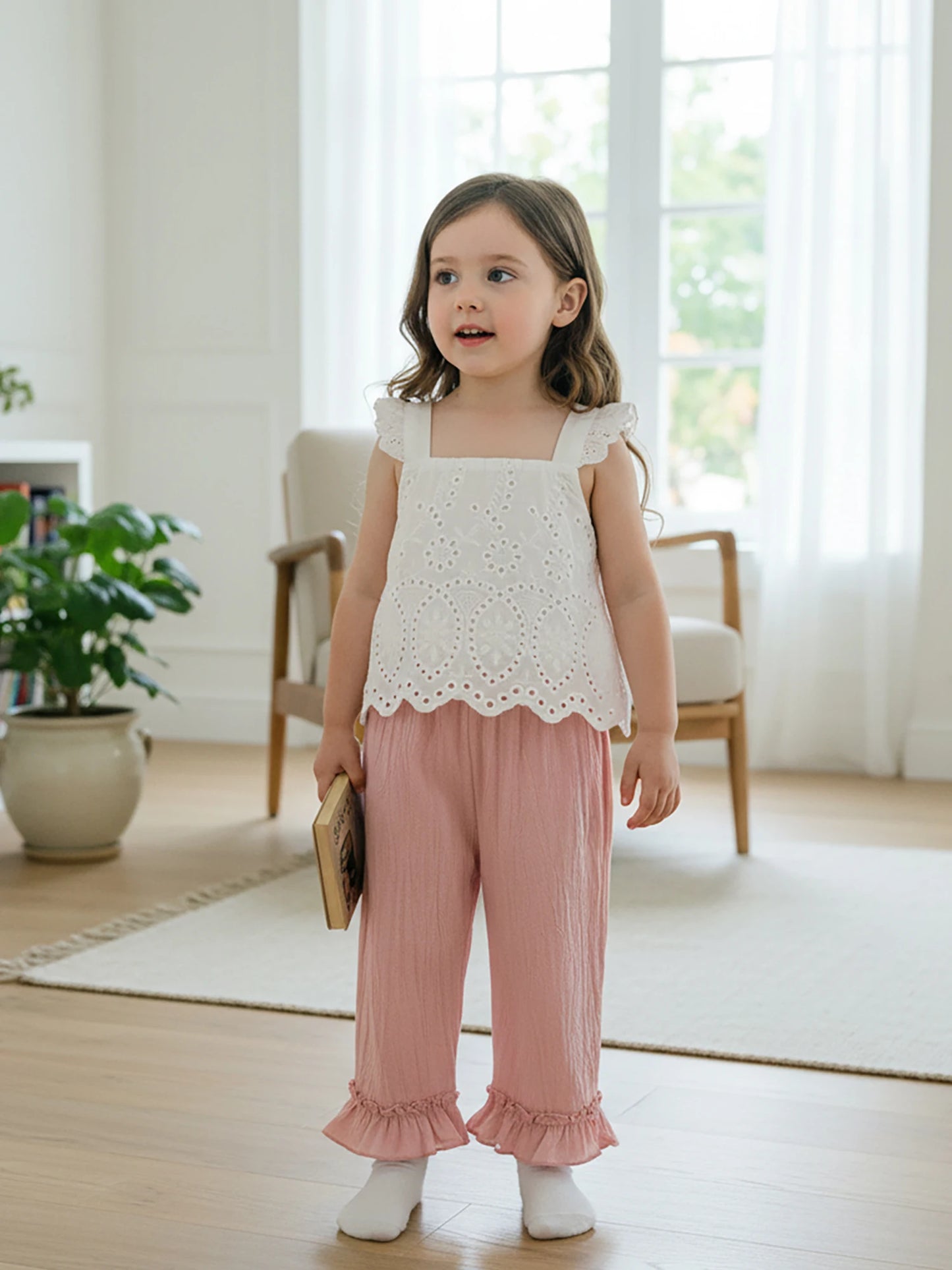 Girls Spring Outfit Set - Lace Ruffle Sleeveless Top & Wide Leg Pants (2-7Y)