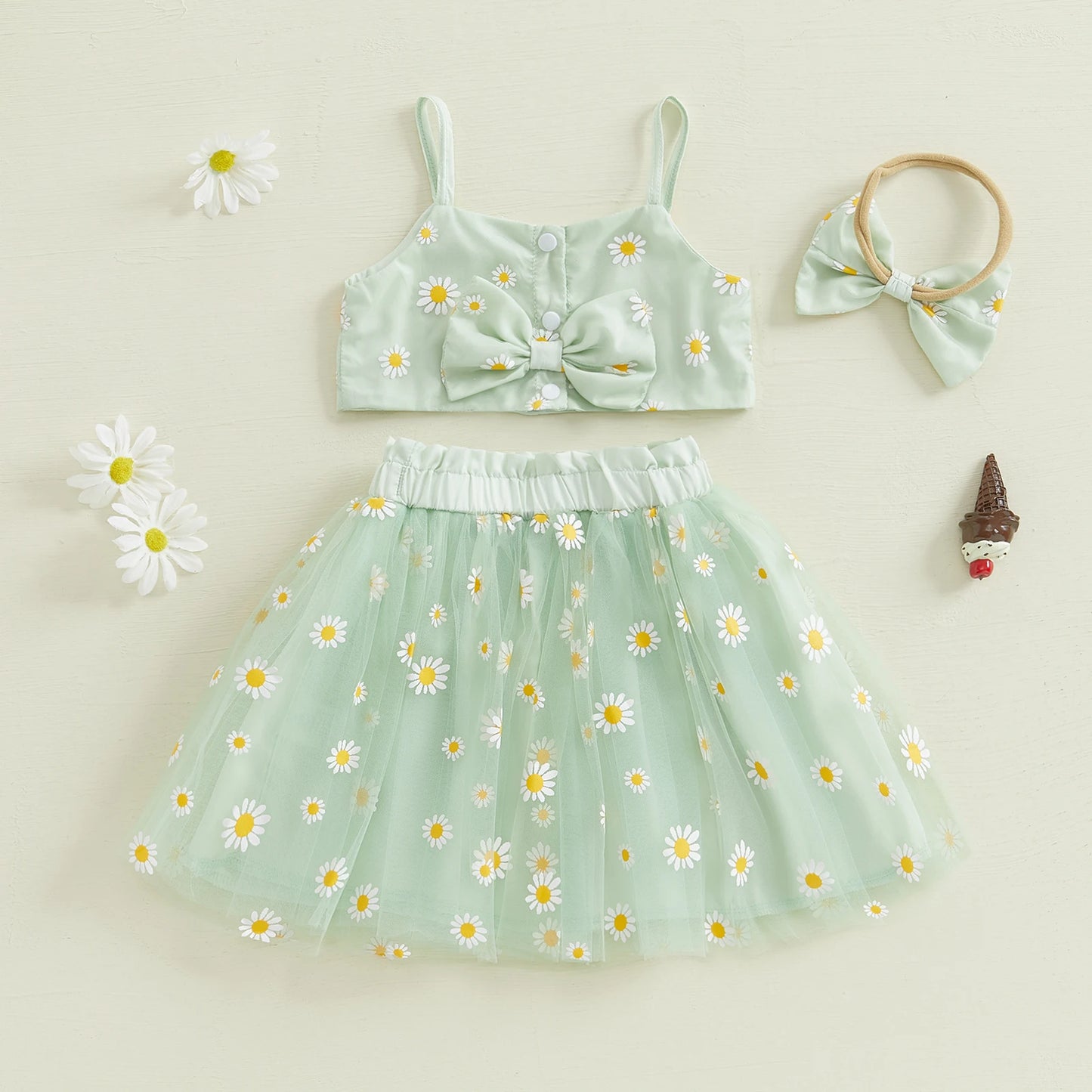 0-3Y Toddler Baby Girls Summer Clothes Sets Sunflowers Print Spaghetti Strap Top and Tulle Skirt Bow Headband