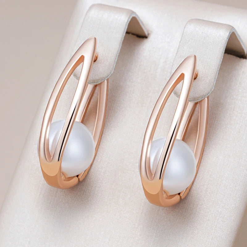 Women's 585 Rose Gold Colour Geometric Glossy Pearl Dangle Earrings