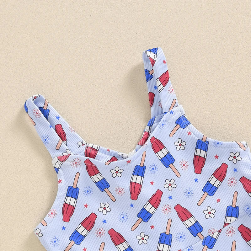 Toddler Kids Girls Jumpsuit - 0-4Y Sleeveless Flower USA Flag Print Bell Bottom Overalls