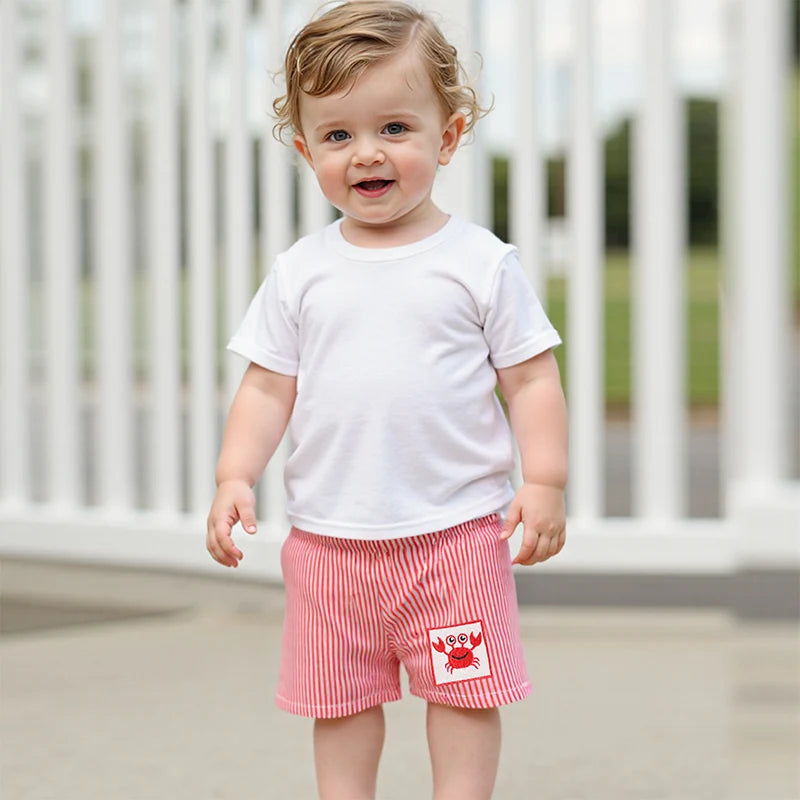 0-4Y Toddler Baby Boys Summer Casual Stripe Crab Embroidery Elastic Waist  Shorts