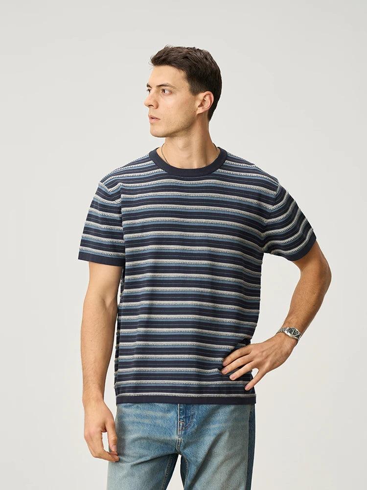 Men's Premium Knitted Striped T-Shirt - 14 Gauge Jacquard Regular Fit