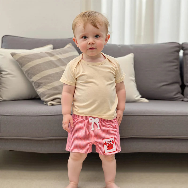 0-4Y Toddler Baby Boys Summer Casual Stripe Crab Embroidery Elastic Waist  Shorts