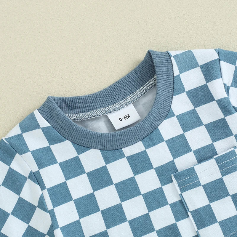 2pcs Toddler Baby Boys Clothes Set 0-3Y Short Sleeve Plaid Print Pocket T-shirt with Shorts Summer Outfit