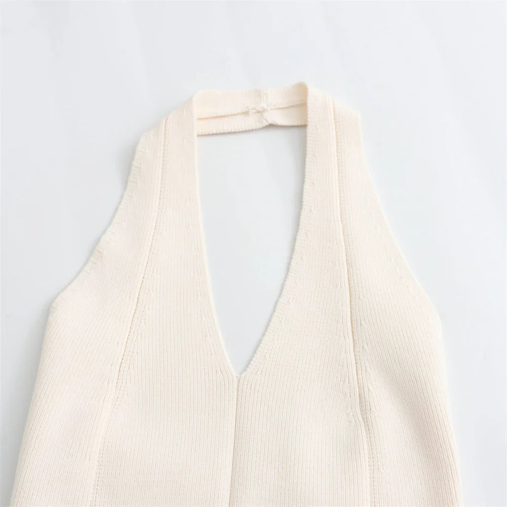 Women French Versatile Hanging Neck Knitted Short Top Backless Vest