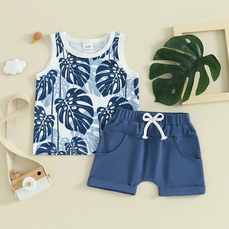 0-3Y Infant Baby Boys Clothes Sets Outfits Sea Tree Print Sleeveless Tank Tops and Elastic Shorts Set