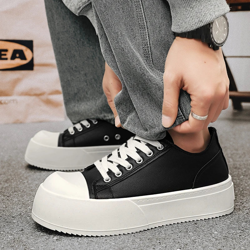 Men's Leather Platform Sneakers - Vulcanized Tennis Sports Shoes