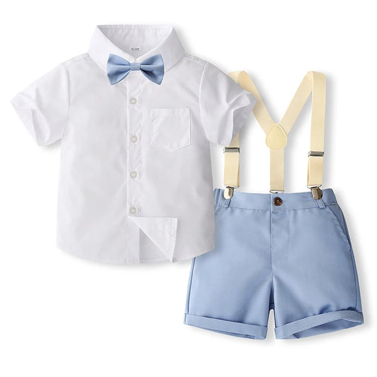 Toddler Boys Gentleman Summer Set - Bowtie Shirt & Suspender Shorts (0-5Y)