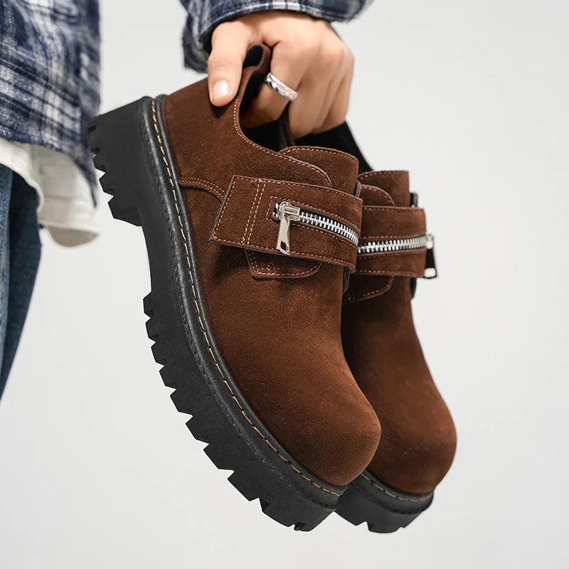 Men's Suede Leather Platform Work Shoes - Zipper Business Sneakers
