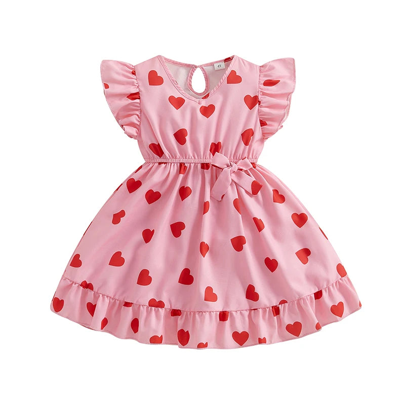Girls' Valentine's Heart Print Dress - Flutter Sleeve V-Neck A-Line Dress