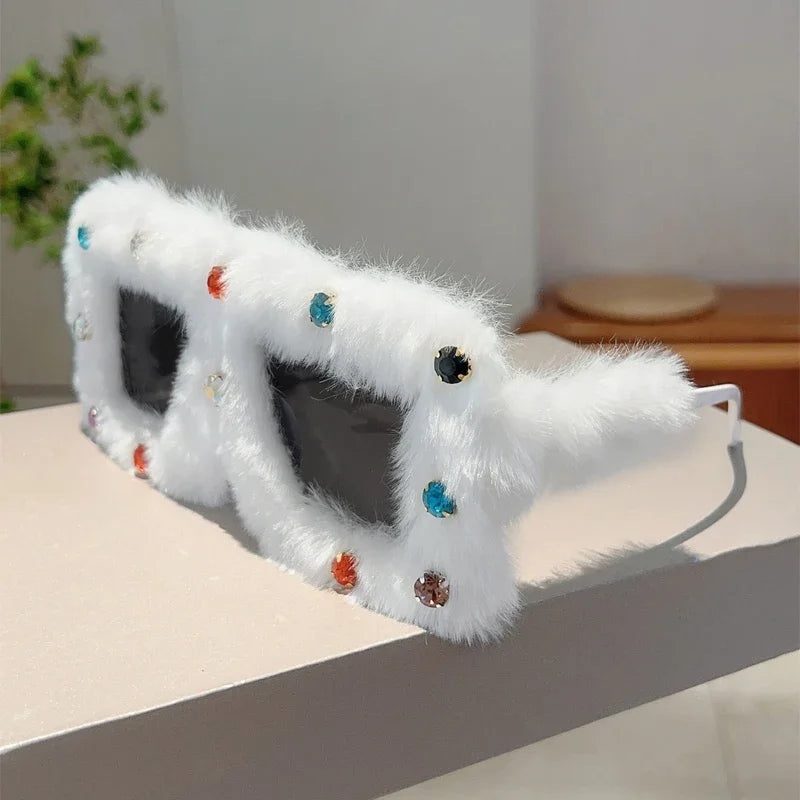 Women's Square Furry Sunglasses with Rhinestones