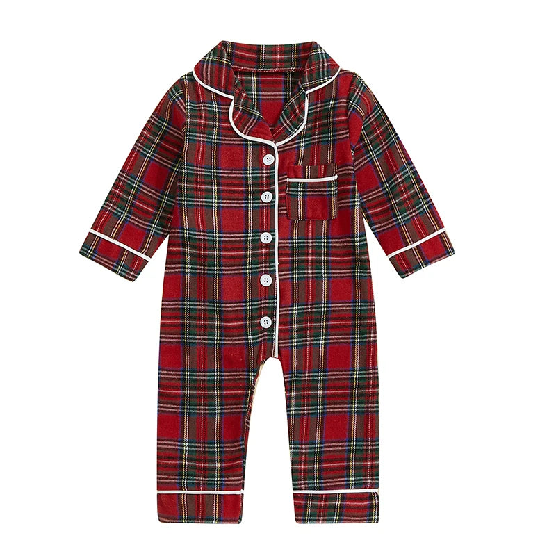 Baby Plaid Pajama Romper - Turn Down Collar Long Sleeve Bodysuit