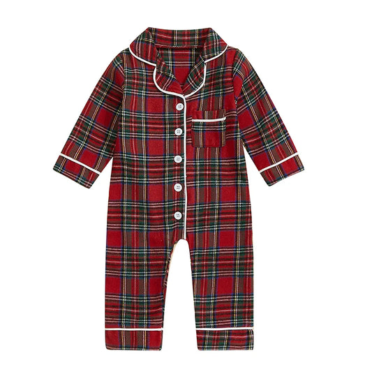Baby Plaid Pajama Romper - Turn Down Collar Long Sleeve Bodysuit