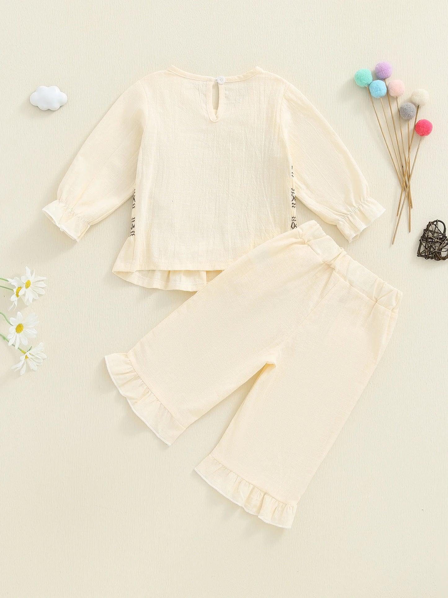 Toddler Baby Girl Fall Outfit - Smocked Long Sleeve Top & Elastic Waist Ruffle Pants Set