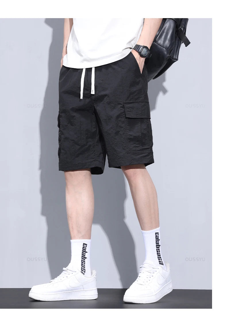 Summer Ultrathin Shorts Pants Men Cargo Work Side Pockets Joggers  Grey Bermuda Knee Beach Nylon Short Pant Male Big Size M-5XL