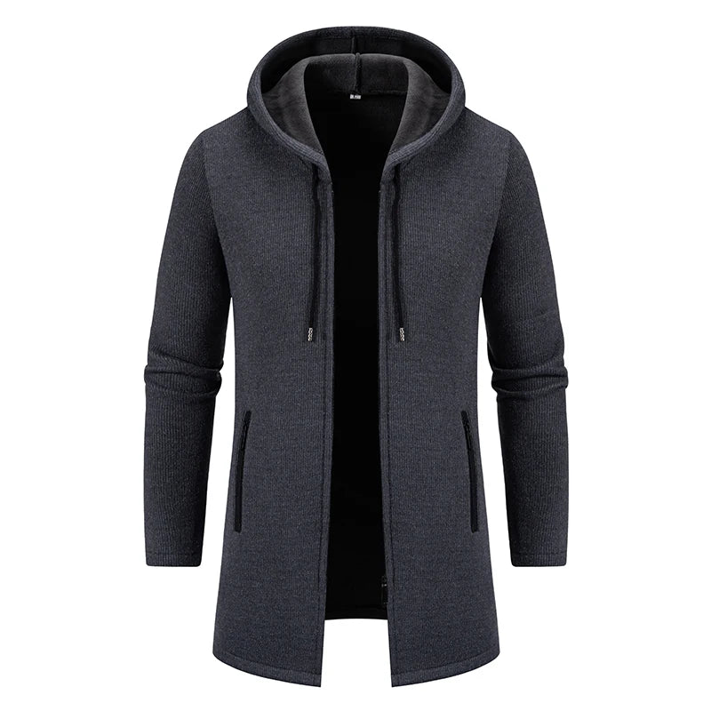 Winter Fleece Long Cardigan - Hooded Knit Sweater Coat