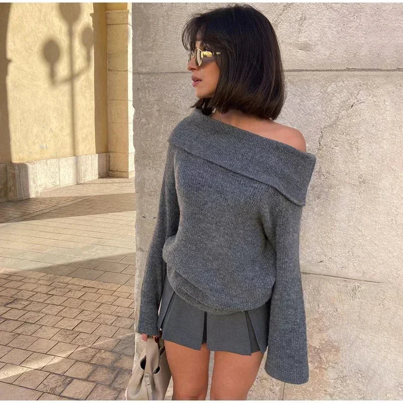 Women's Slash Neck Off Shoulder  Long Sleeve Pullover Sweater