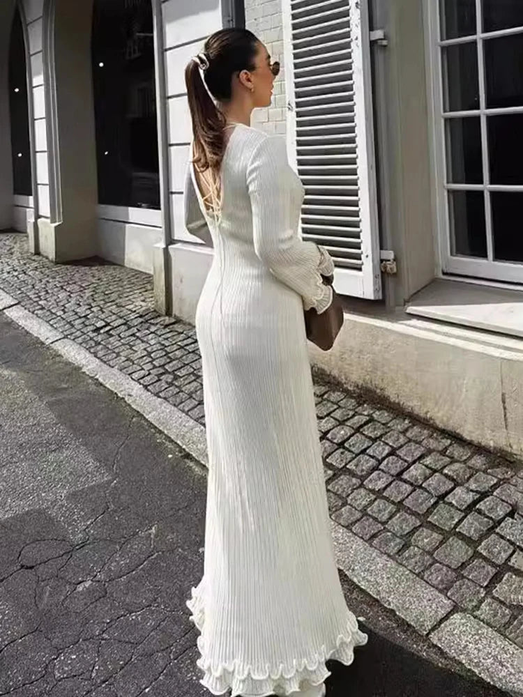 Women's Long Sleeve Slim Maxi Backless Elegant Long Dress