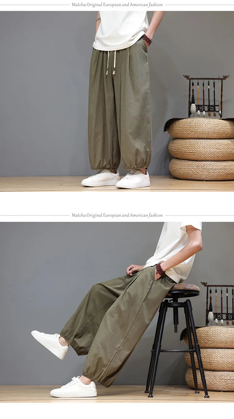 Men's Summer Wide Leg Pants Casual  Breathable Loose Ankle Length  Harem Trousers
