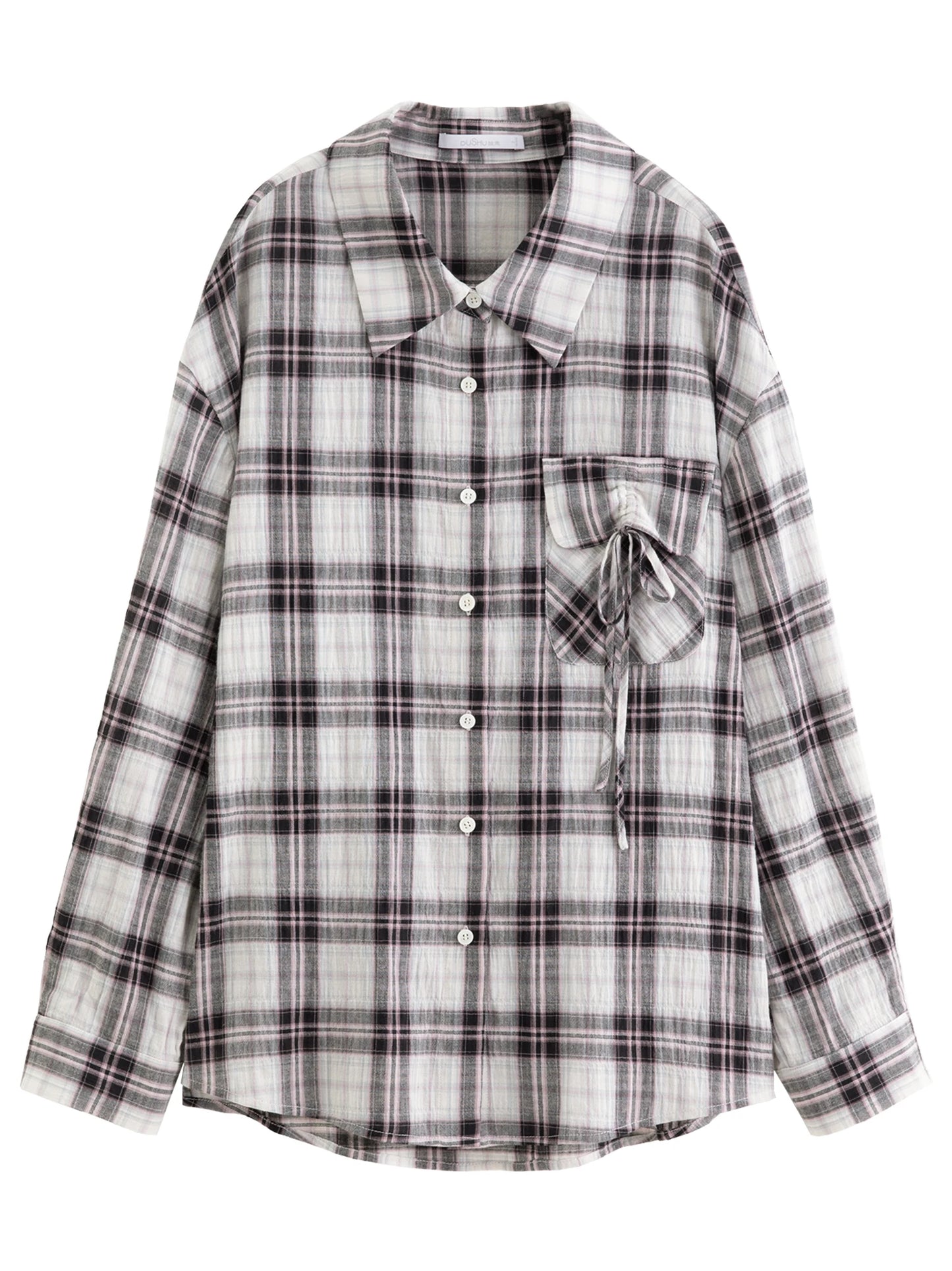 Plus Size Plaid Collar Shirt - Drawstring Pocketed Casual Top