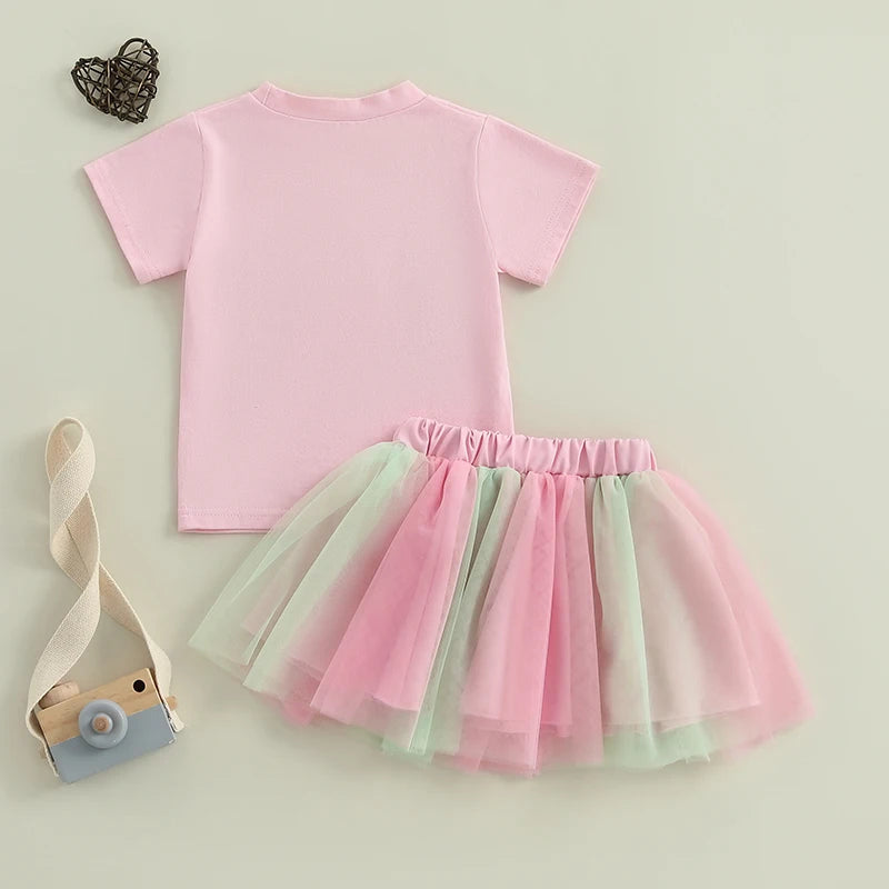 0-5Y Toddler Kids Girls Summer Clothes Sets Letter Embroidery Short Sleeve T-Shirt and Elastic Tulle Skirt