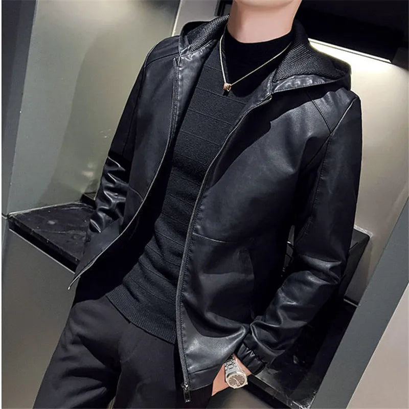 Hooded Leather Moto Jacket - Slim Fit Biker Style
