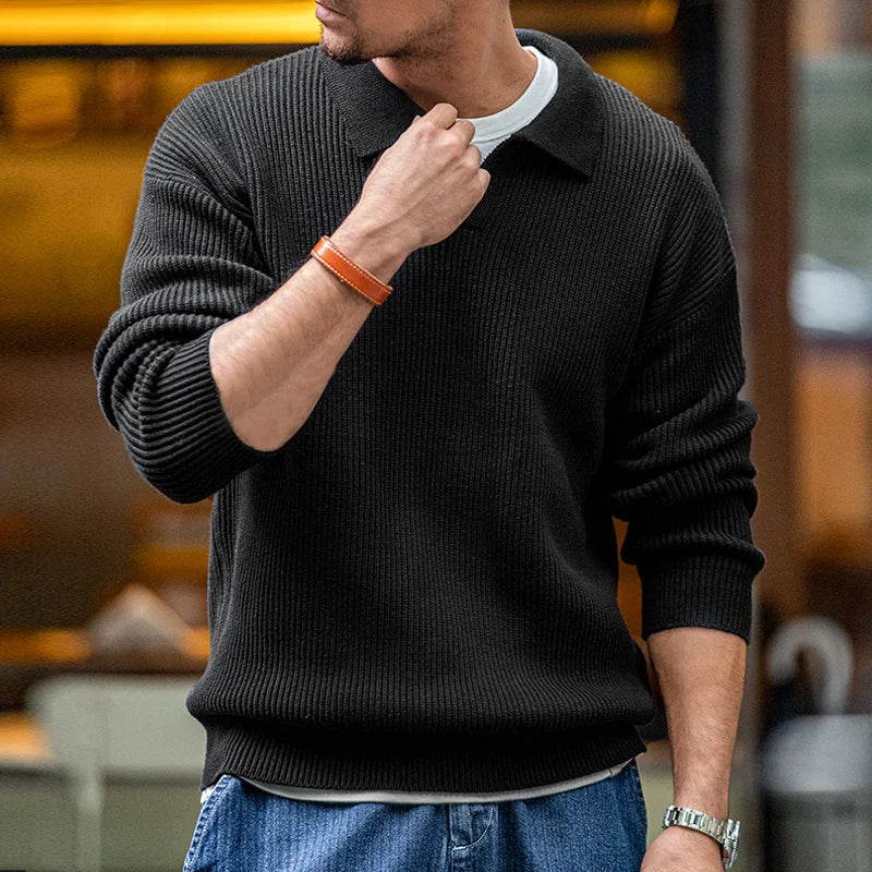 Men's Retro Polo Neck Knit Sweater - Vertical Woven Pullover
