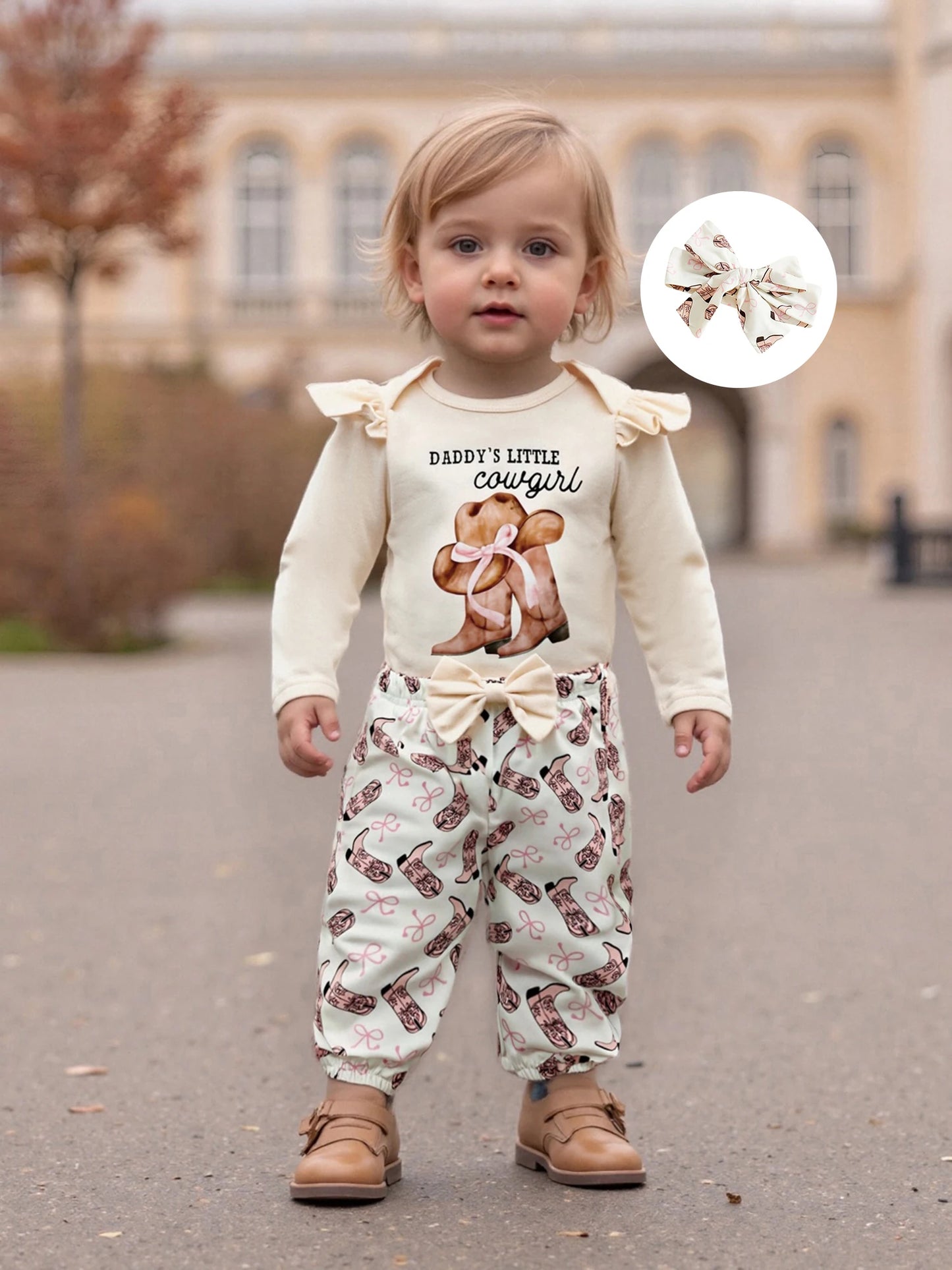 Baby Girls Western Outfit Set - 3-Piece Jumpsuit, Headband & Pants