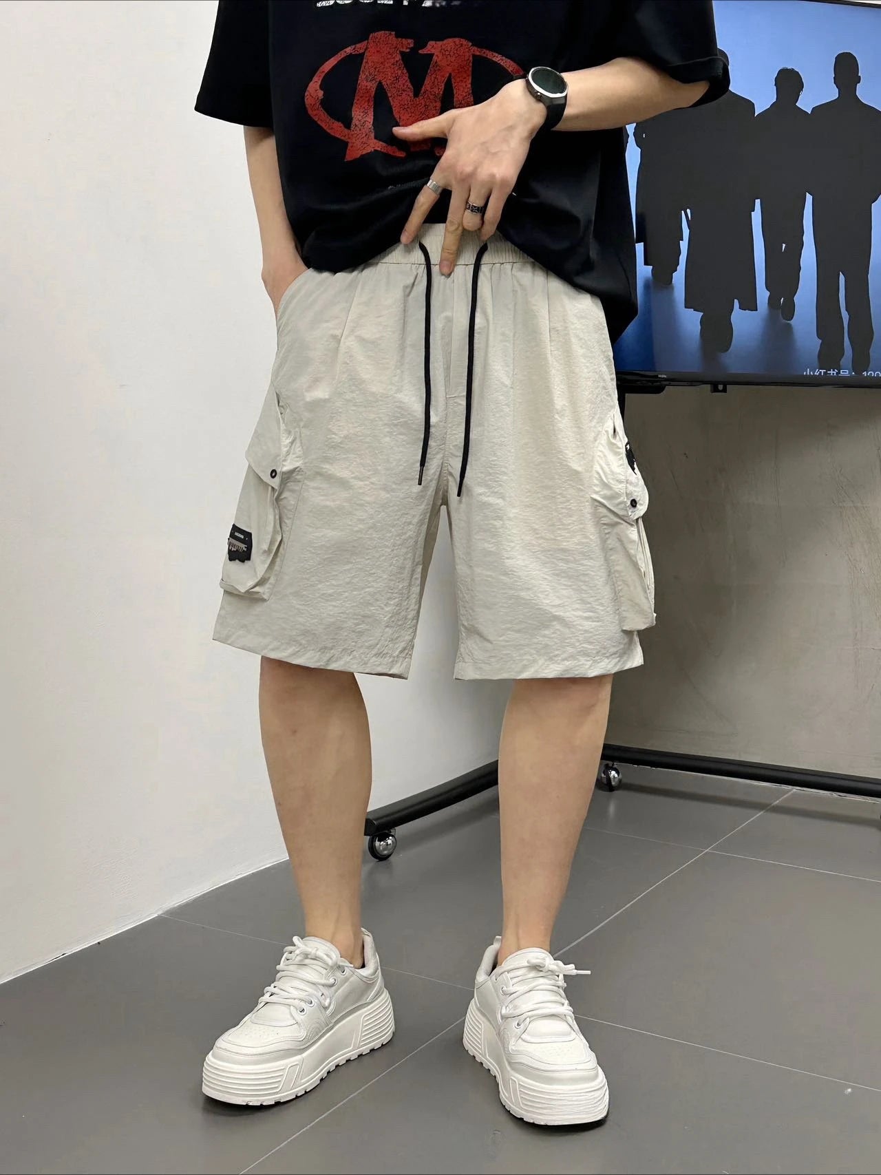 Men's Casual Cargo Shorts Knee Length Summer Drawstring Shorts