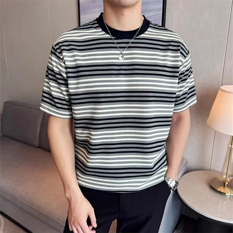 Men's  Summer Striped Round-Neck Short Sleeve Casual  Slim Fit T-Shirt