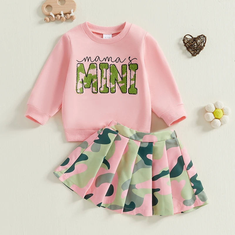 0-4Y Girls Set Long Sleeve Letter Embroidery Sweatshirt Camouflage A-Line Pleated Skirt