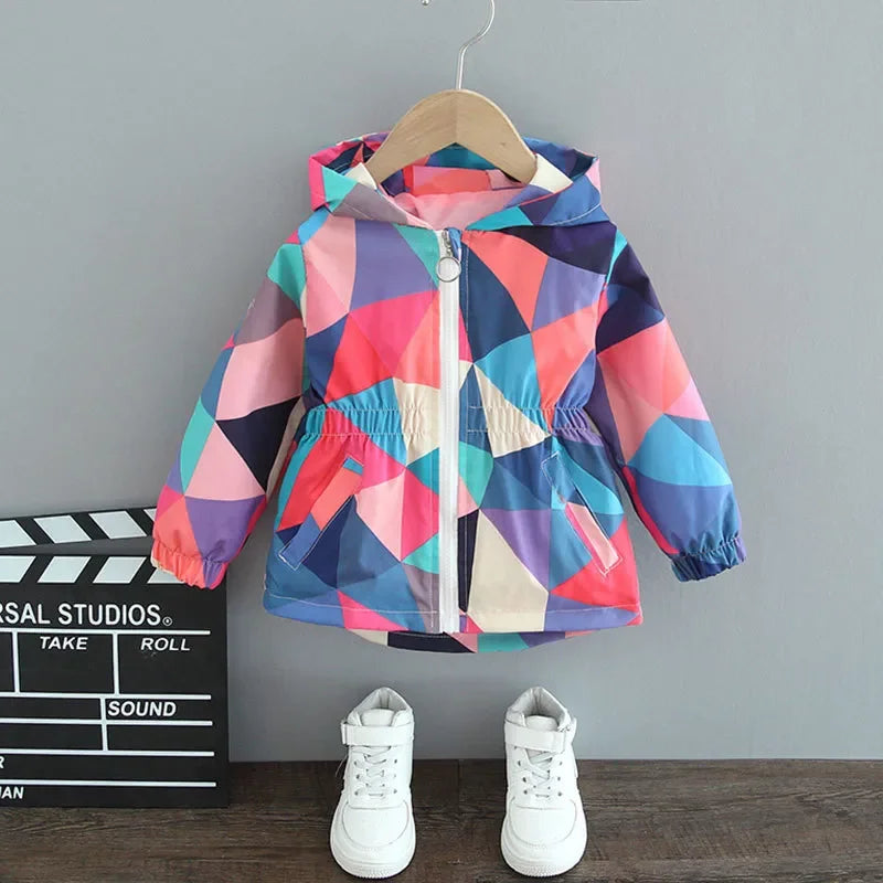 Children's Hooded Geometric Print Butterfly Patch Zipper Pocket Thin Jacket