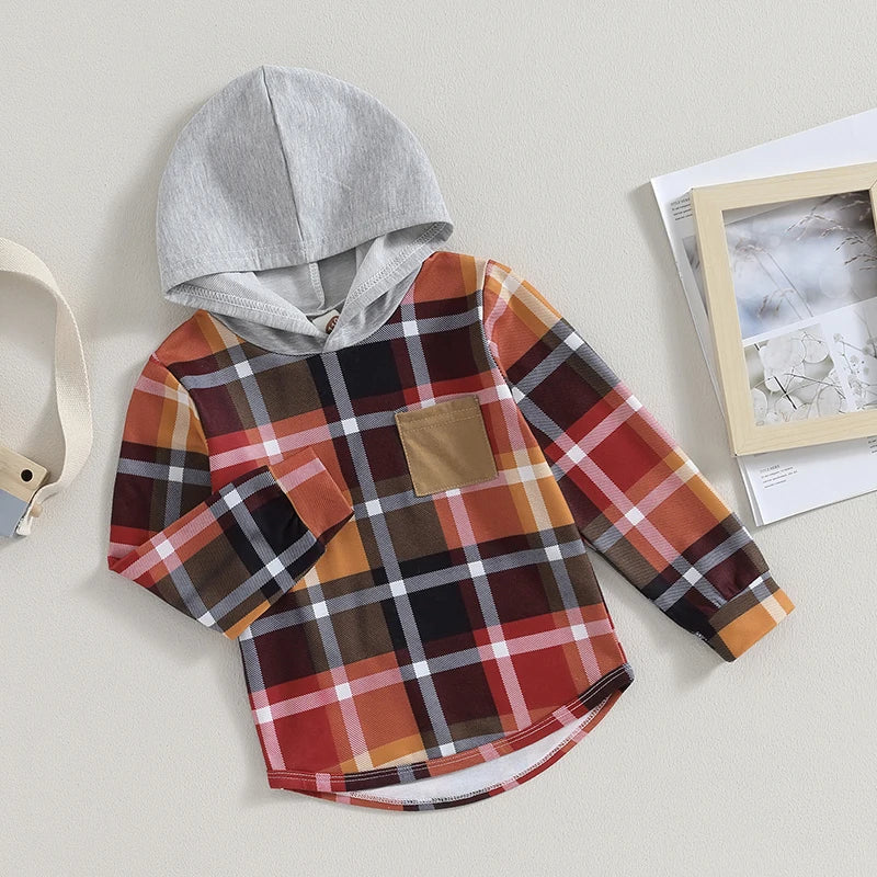 3-7Y Autumn Toddler Kids Boys  Hooded T Shirts Plaid Patchwork Long Sleeve Pullover Tops with Pocket