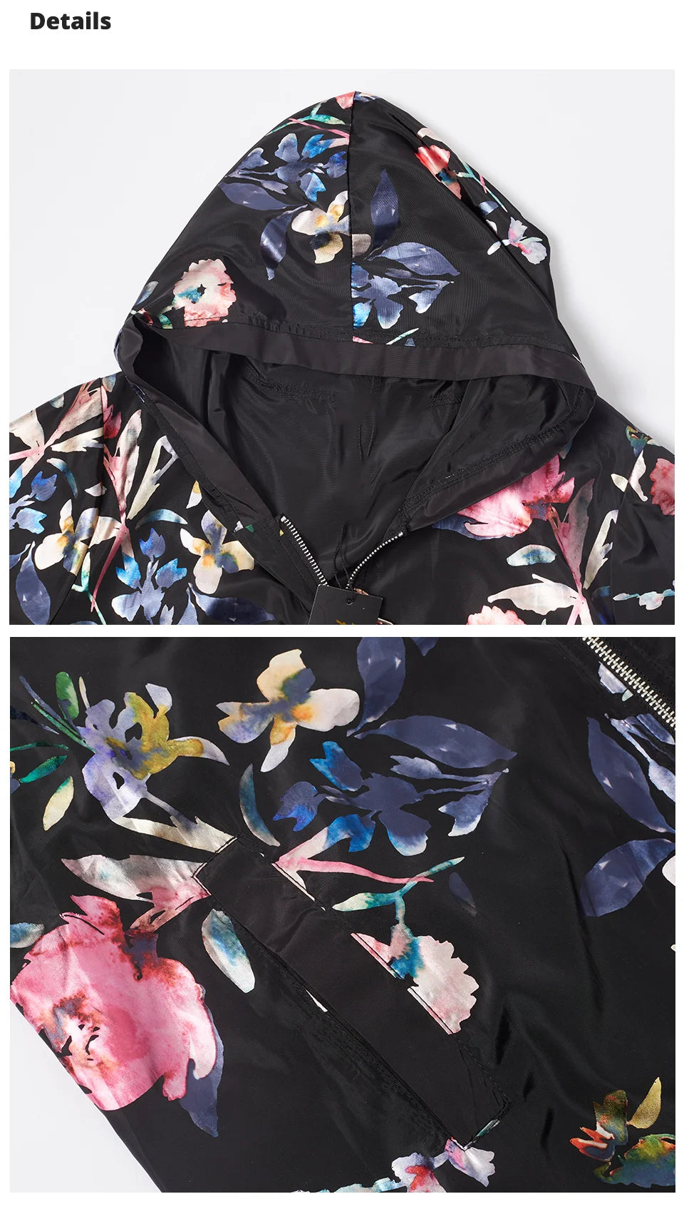 Women's Oversized Hooded Flower Print Zip Windbreaker Jacket